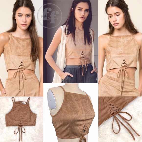 Boho 1960s 1970s Style Faux Tan Brown Suede Leather Festival Halter Tie Crop Top - Picture 1 of 9